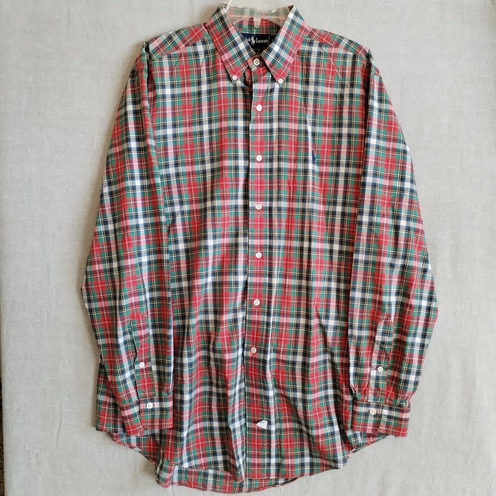 Ralph Lauren Shirt Mens Large Red Long Sleeve Tartan Plaid Pony Logo Button Down